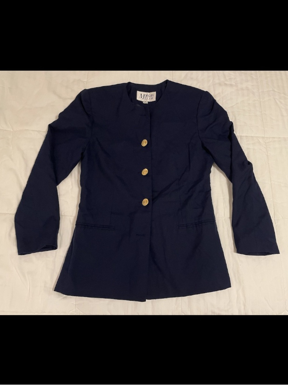 Vintage Morgan Miller Jacket Blazer 90s Navy Blue Gold Button Size 10 Collarless